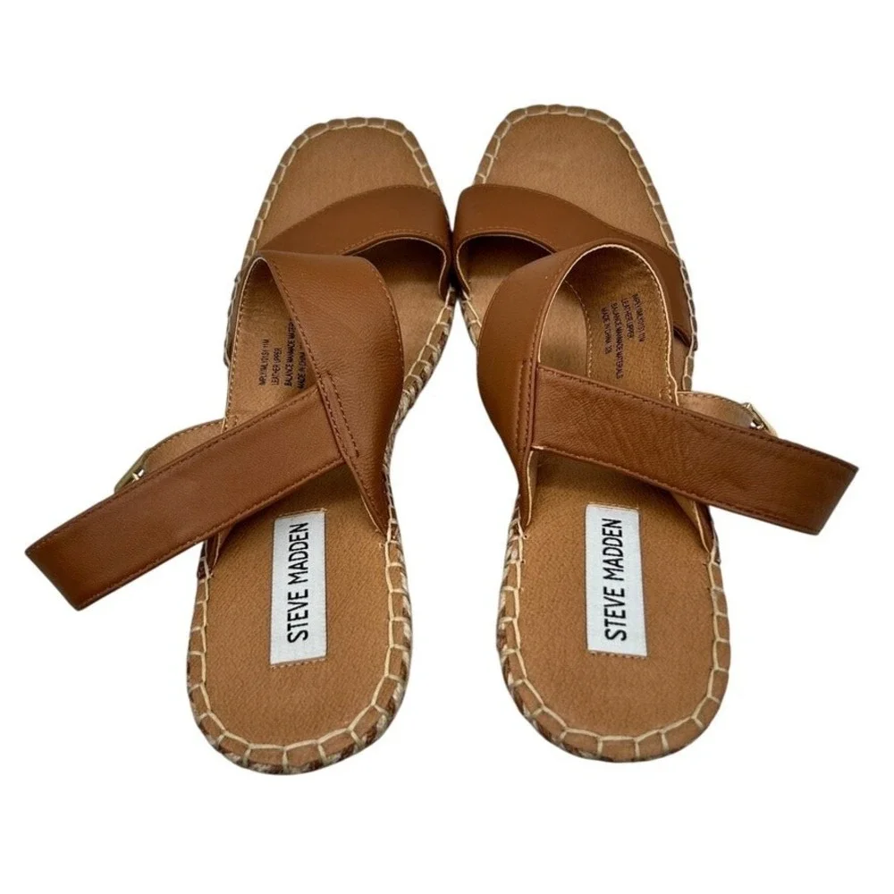 Steve Madden Women Tan‎ Leather Espadrille Wedge Sandals Ankle Strap Size 11M